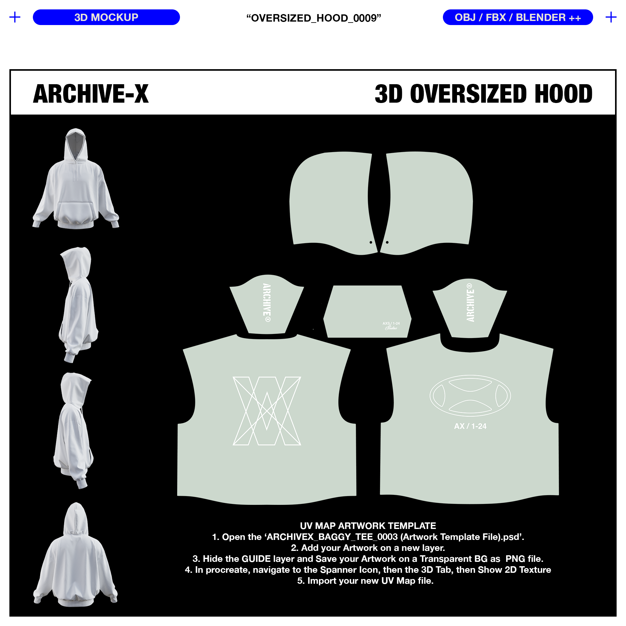 Artwork Template view of the ARCHIVEX Oversized Hood 3D Garment