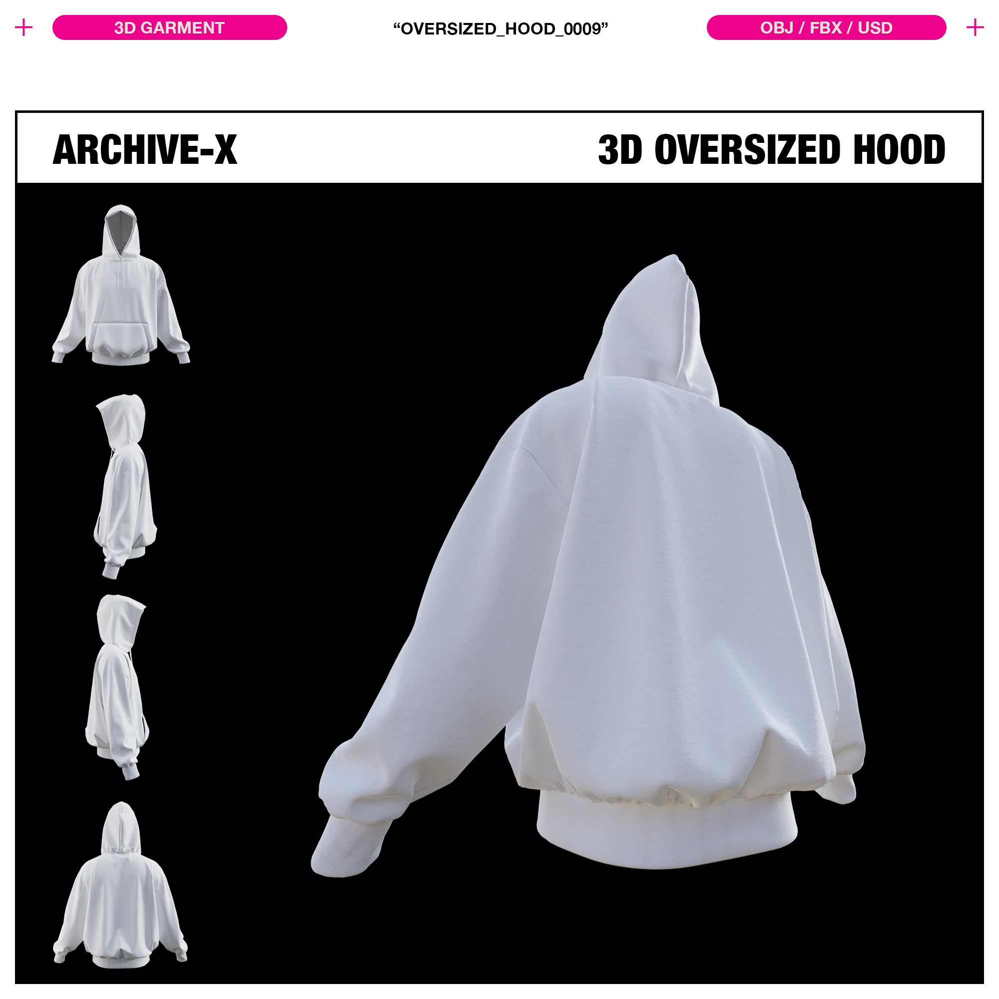 Back Wide Angle rendered view of the ARCHIVEX Oversized Hood 3D Garment