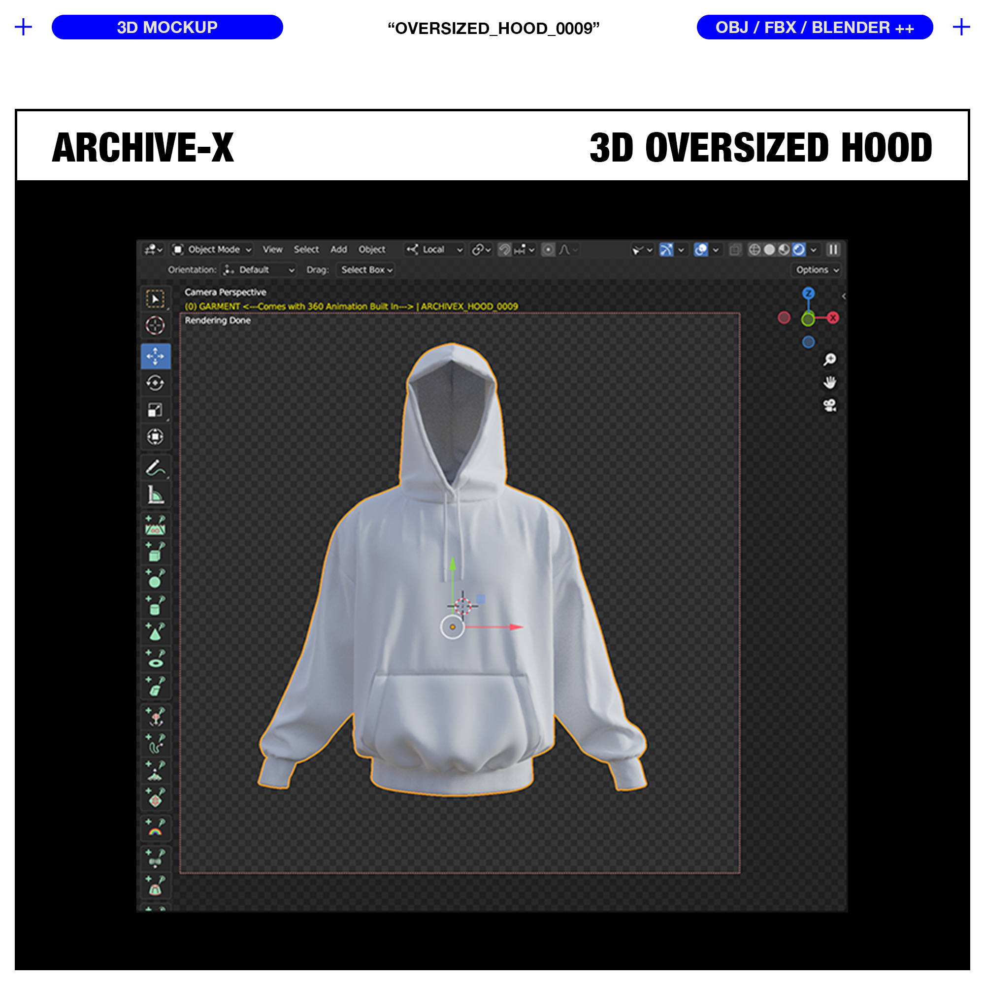 Blender Scene camera viewport view of the ARCHIVEX Oversized Hood 3D Garment