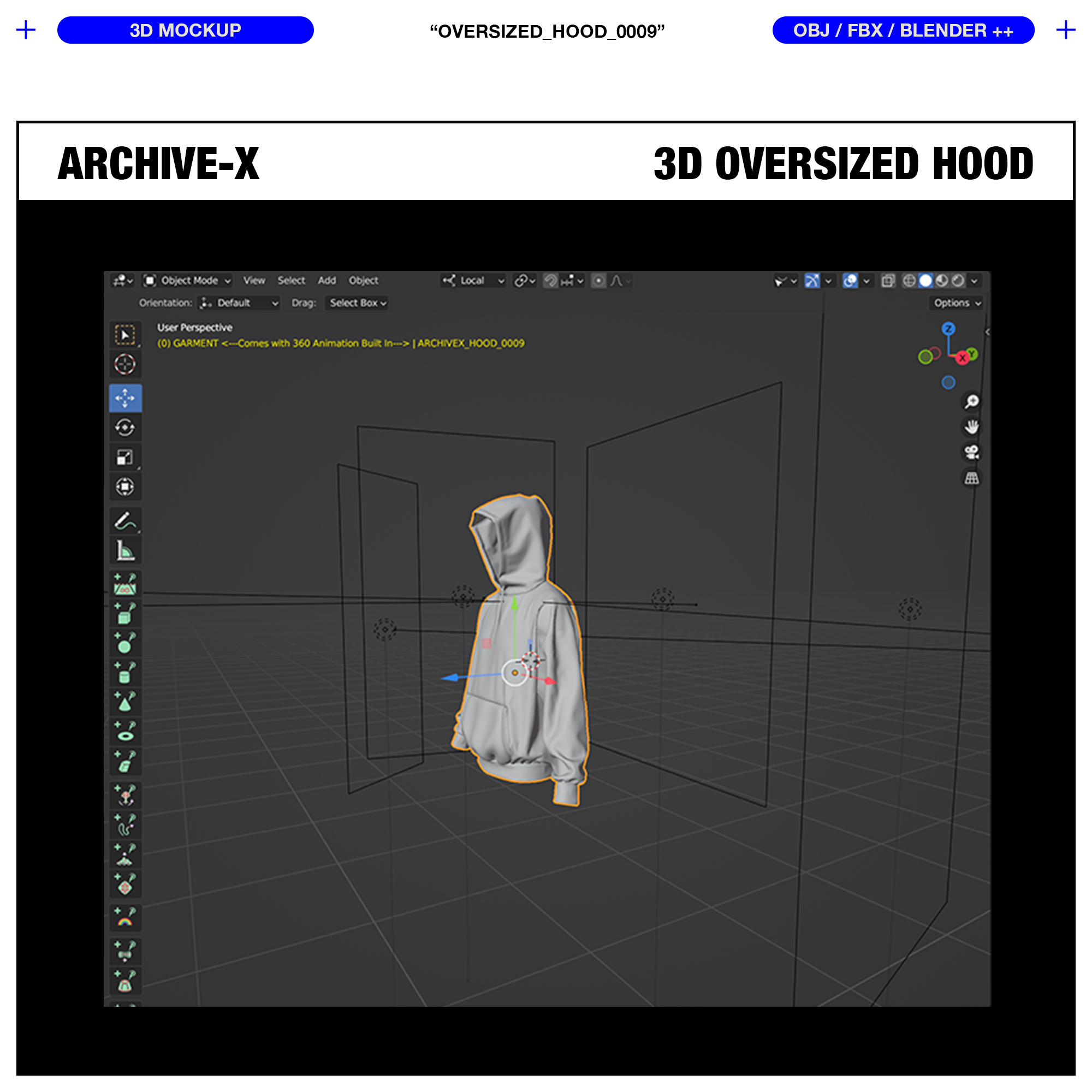 Blender Scene 3d viewport view of the ARCHIVEX Oversized Hood 3D Garment