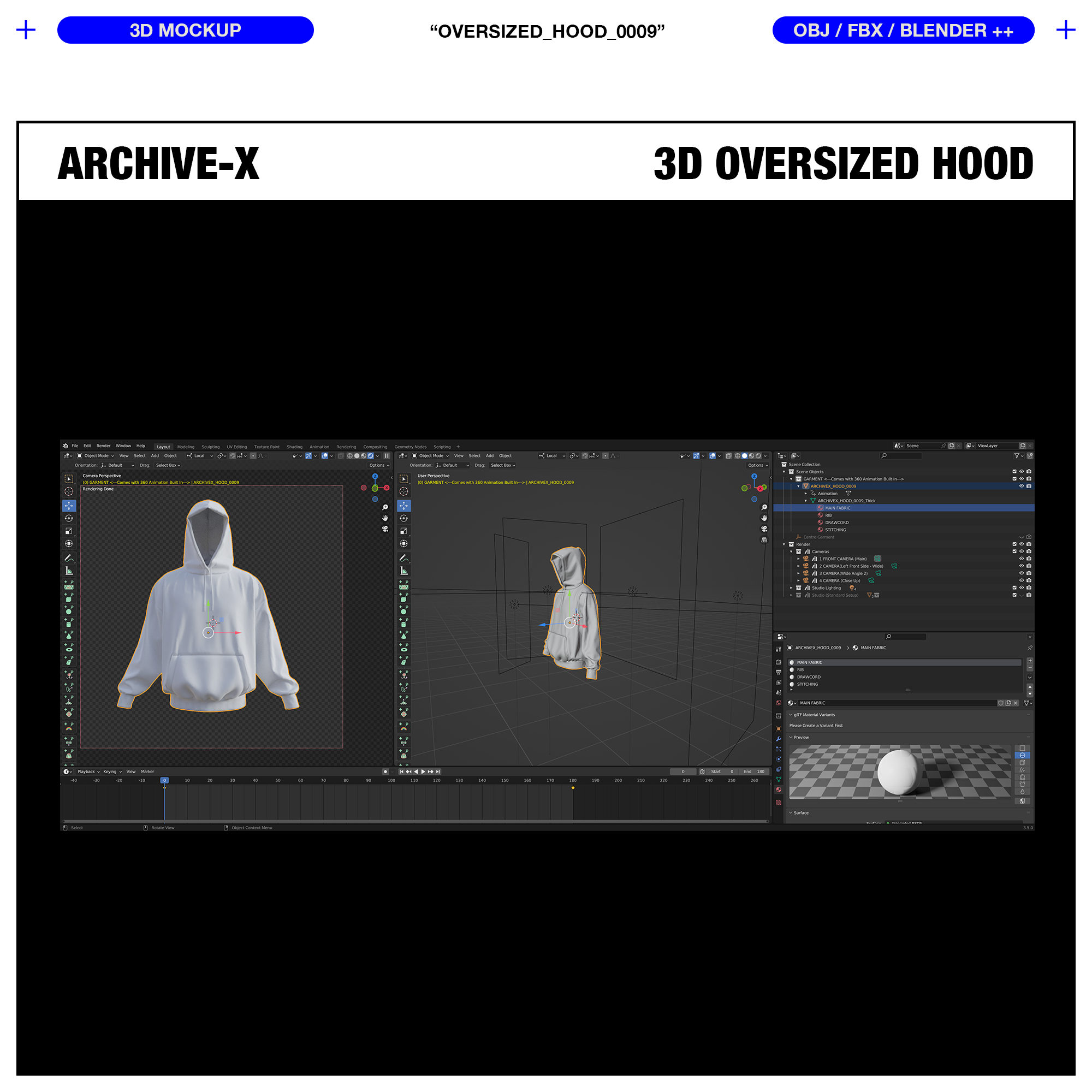 Blender Scene view of the ARCHIVEX Oversized Hood 3D Garment