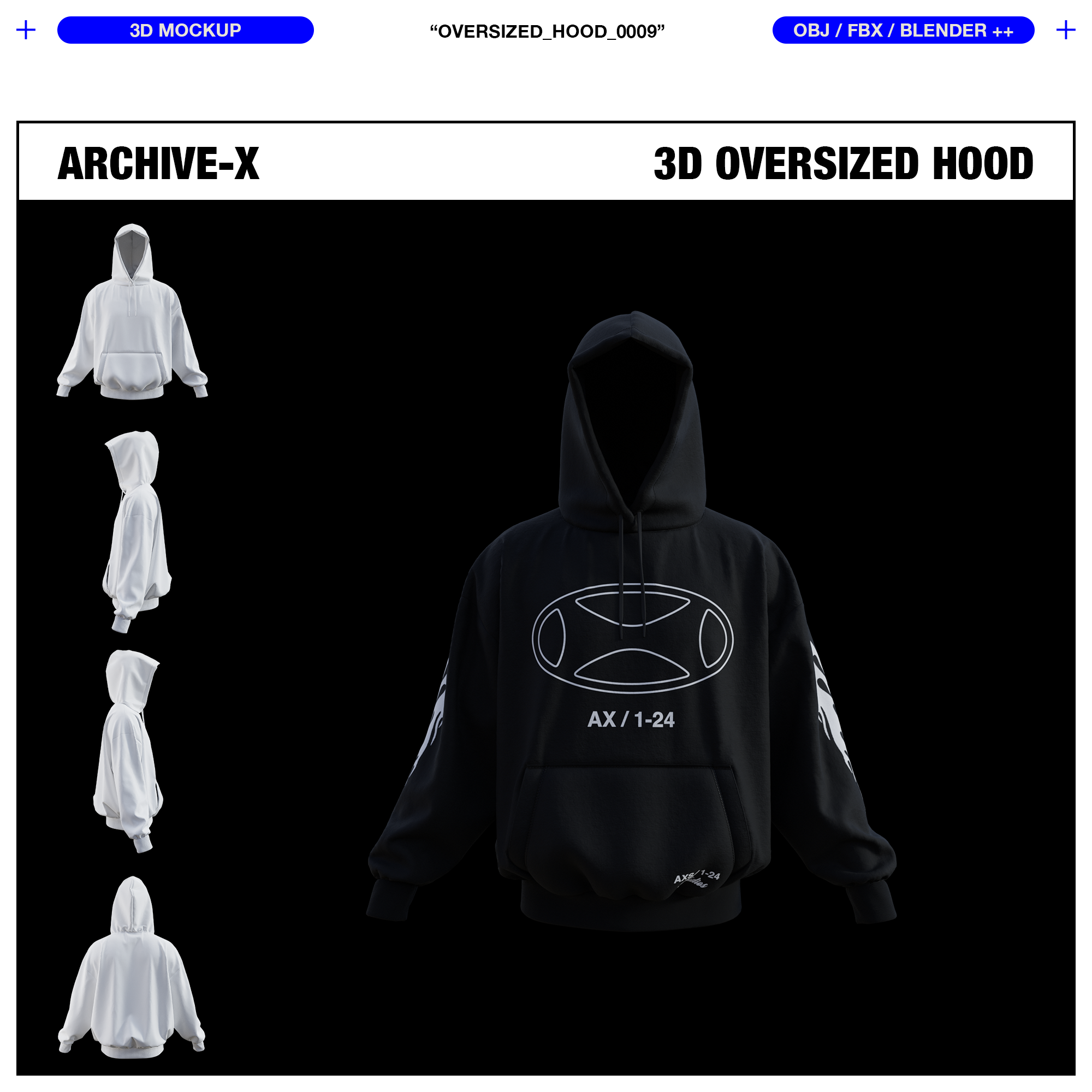 Front rendered view of the ARCHIVEX Oversized Hood 3D Garment