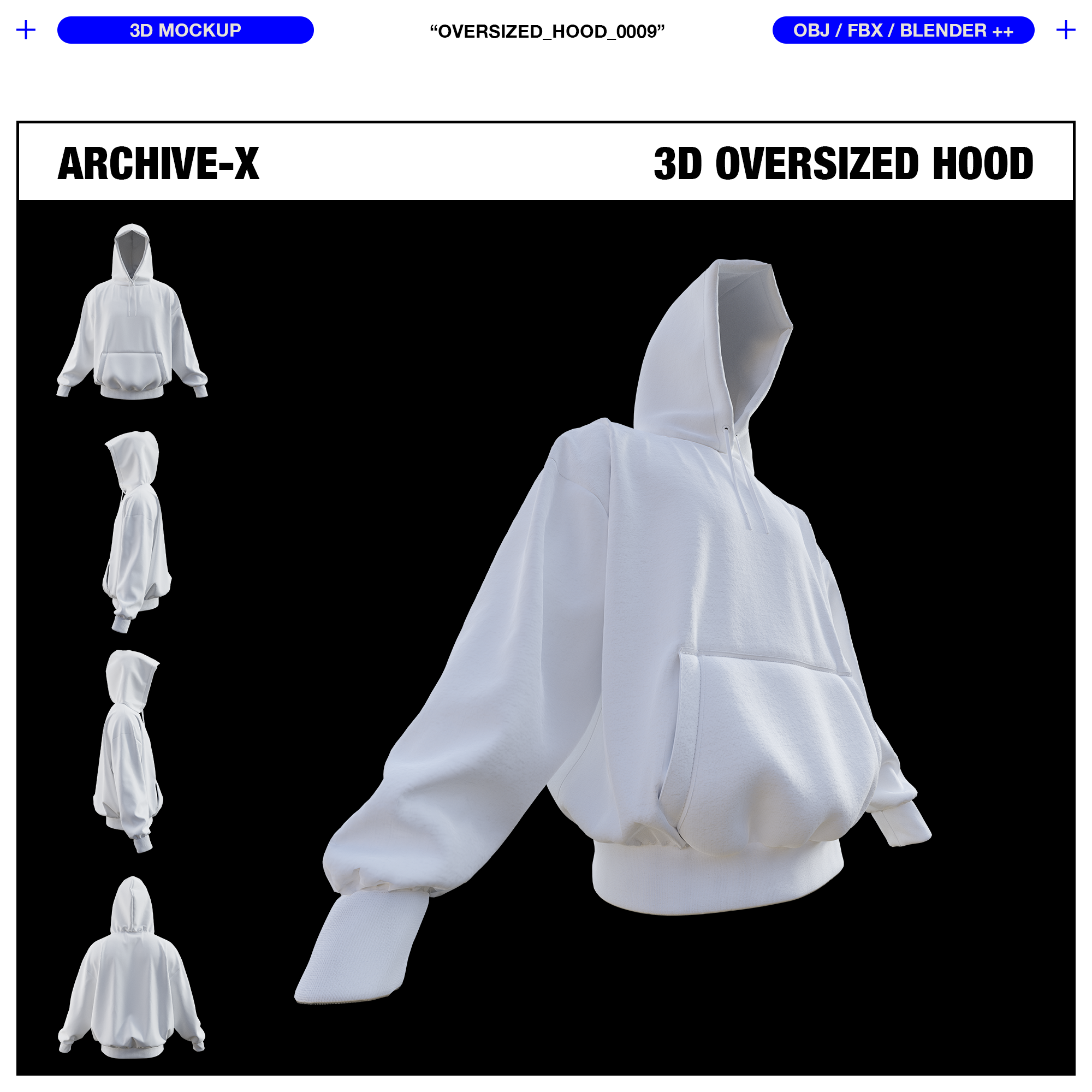 Wide Angle Front rendered view of the ARCHIVEX Oversized Hood 3D Garment