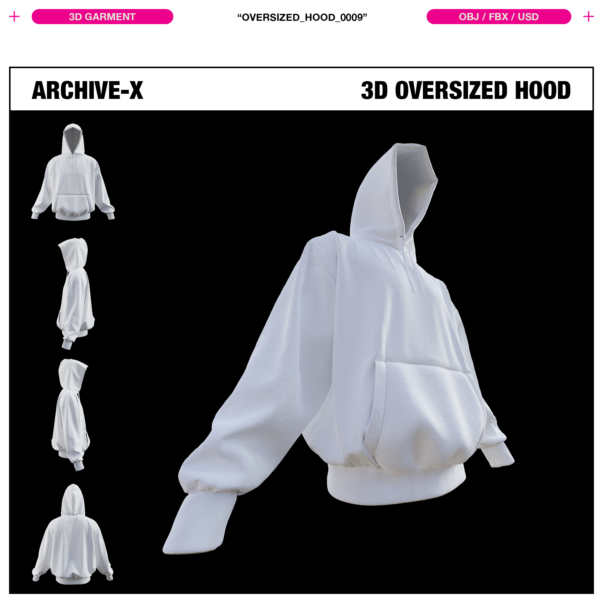 Front Wide Angle rendered view of the ARCHIVEX Oversized Hood 3D Garment