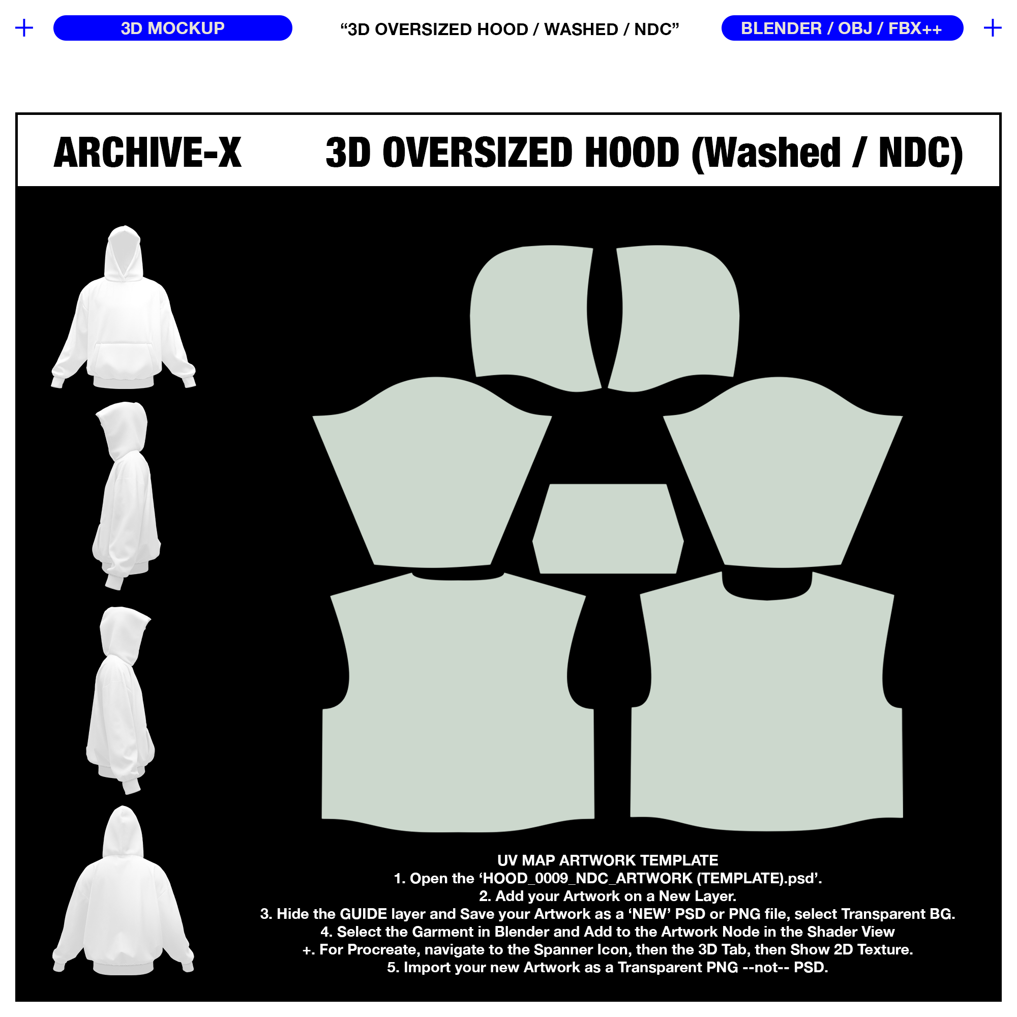 WASHED OVERSIZED HOOD 0009 (No Drawcord) - 3D MOCKUP