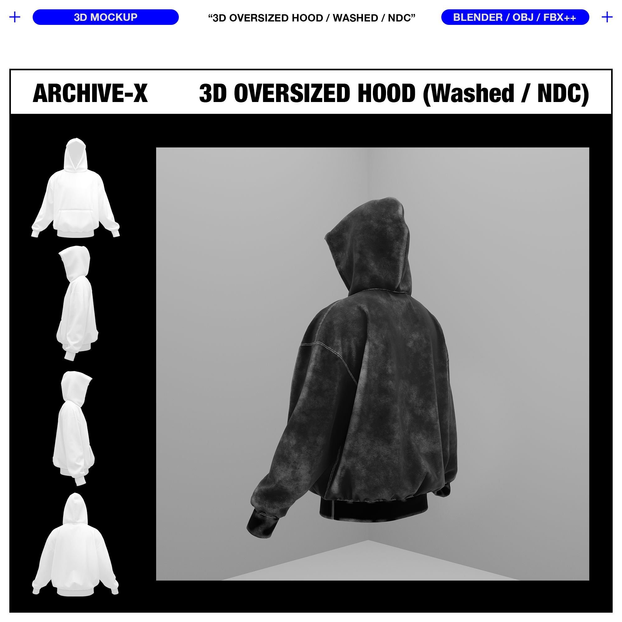 WASHED OVERSIZED HOOD 0009 (No Drawcord) - 3D MOCKUP