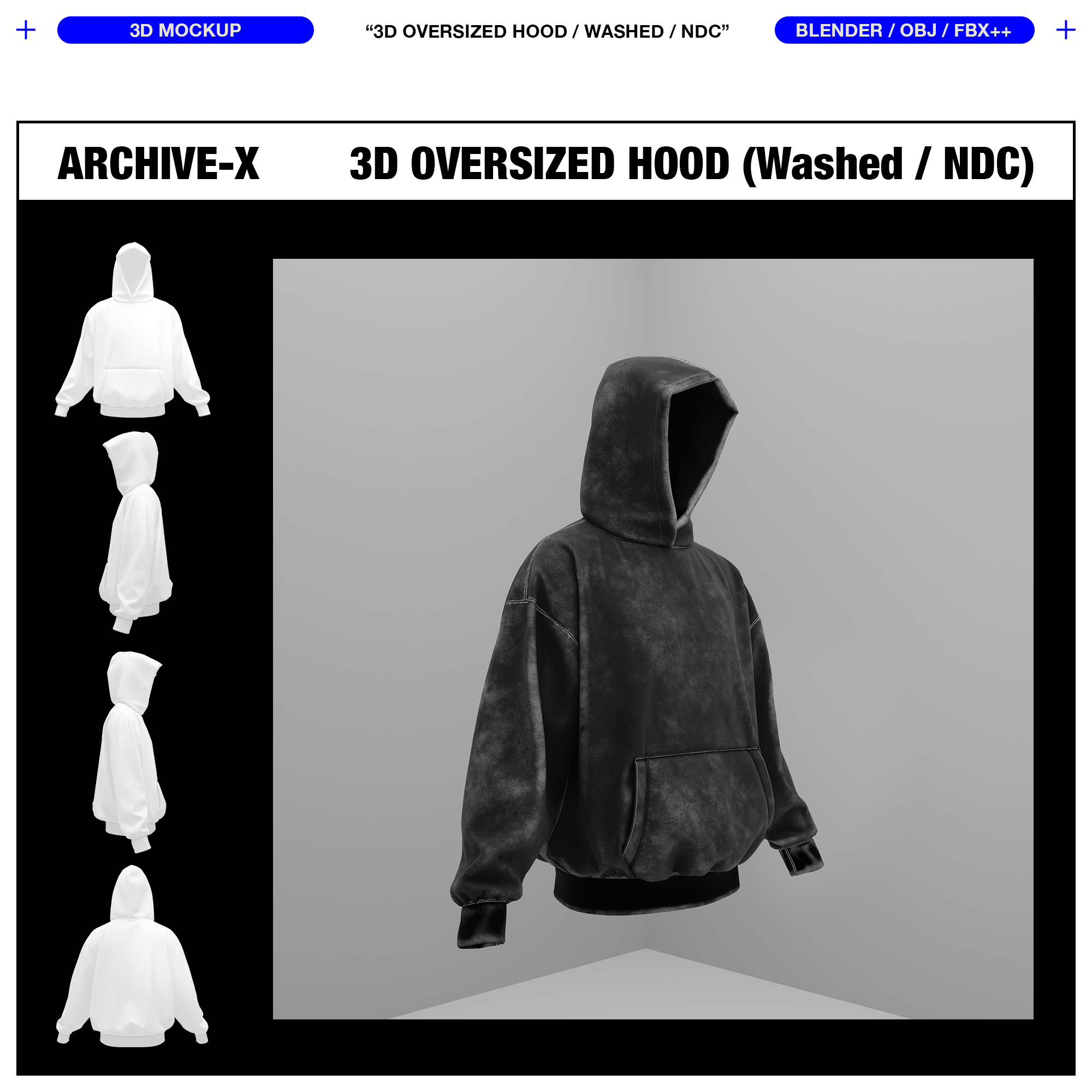 WASHED OVERSIZED HOOD 0009 (No Drawcord) - 3D MOCKUP