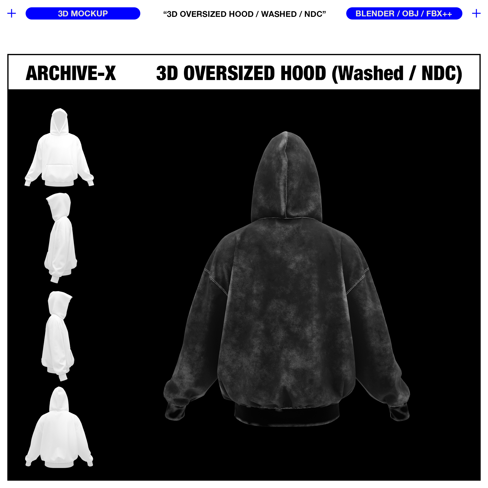 WASHED OVERSIZED HOOD 0009 (No Drawcord) - 3D MOCKUP