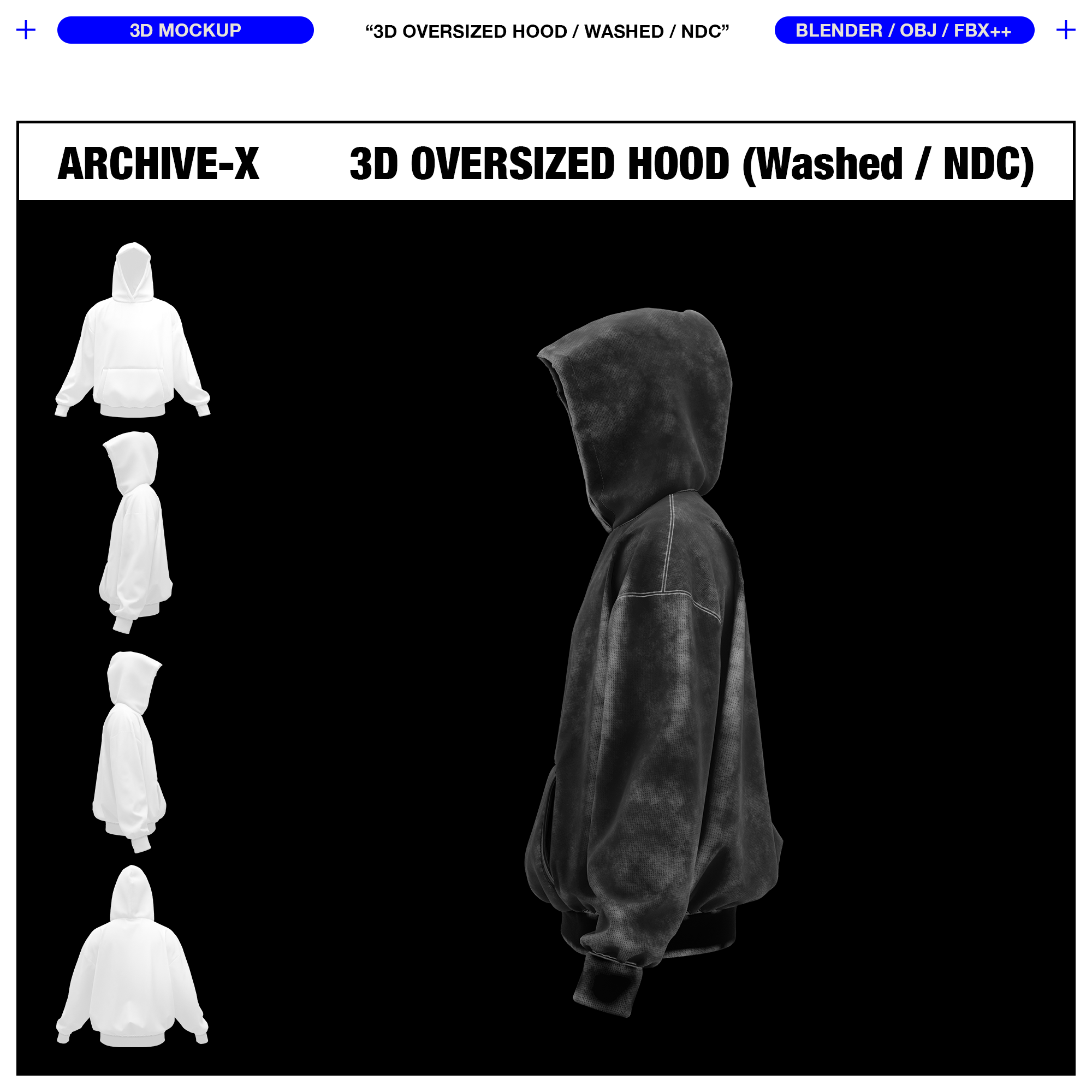 WASHED OVERSIZED HOOD 0009 (No Drawcord) - 3D MOCKUP