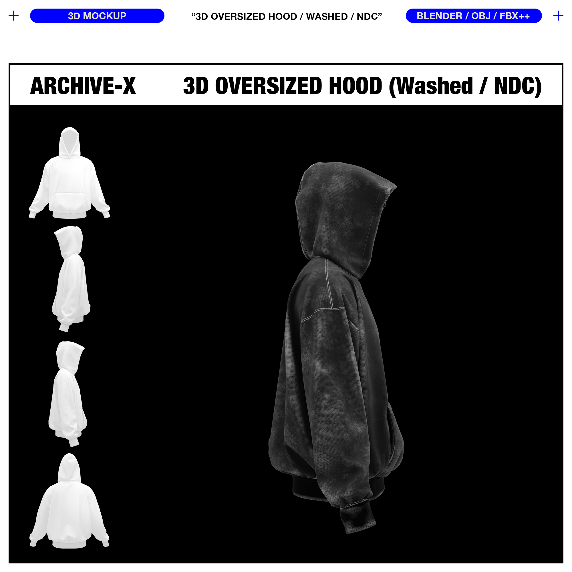WASHED OVERSIZED HOOD 0009 (No Drawcord) - 3D MOCKUP
