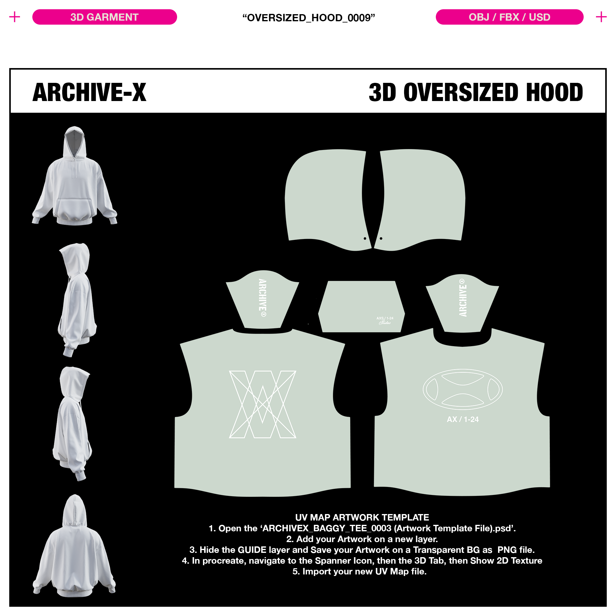 Artwork Template view of the ARCHIVEX Oversized Hood 3D Garment