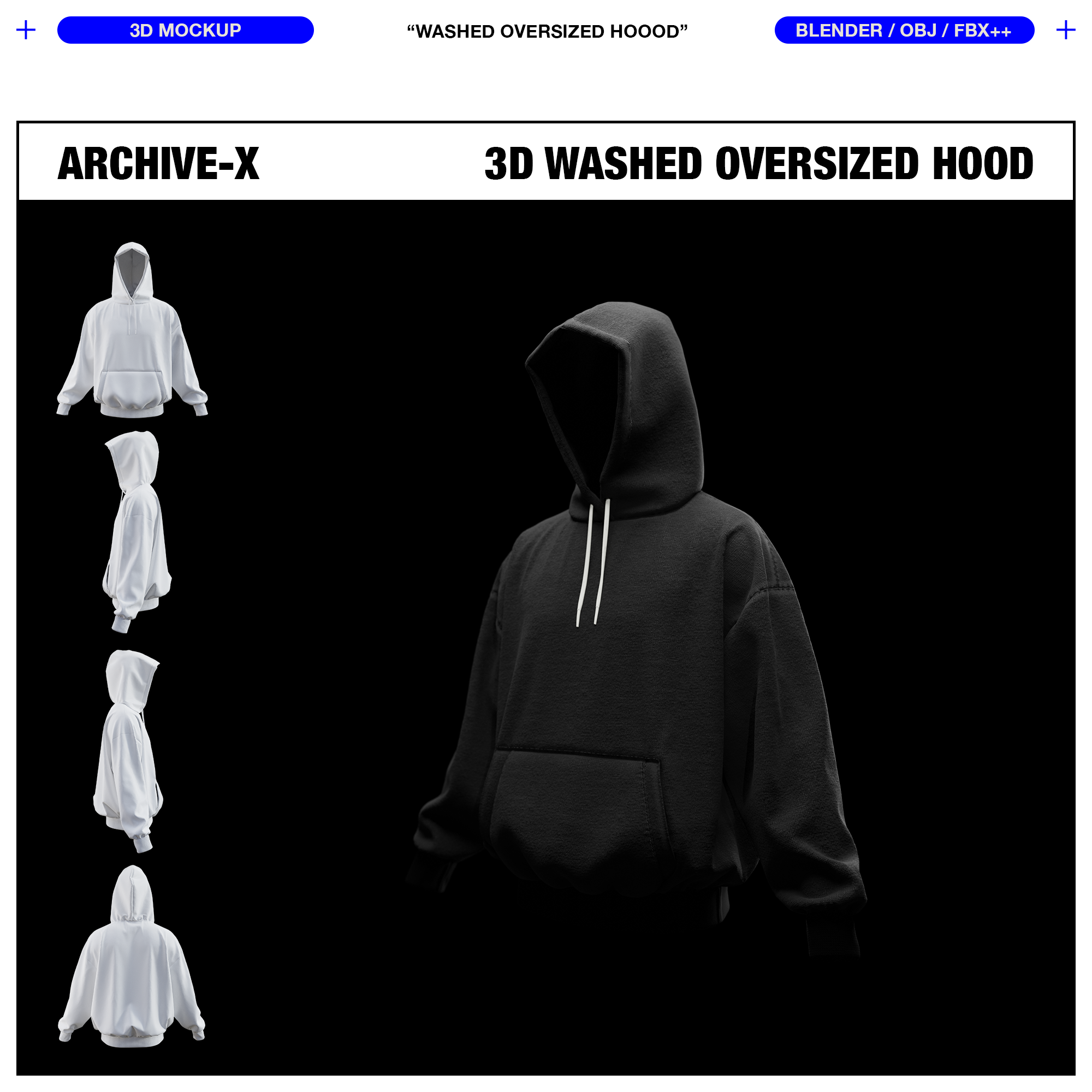 A garment wash front angled view of our Washed Oversized Hood.