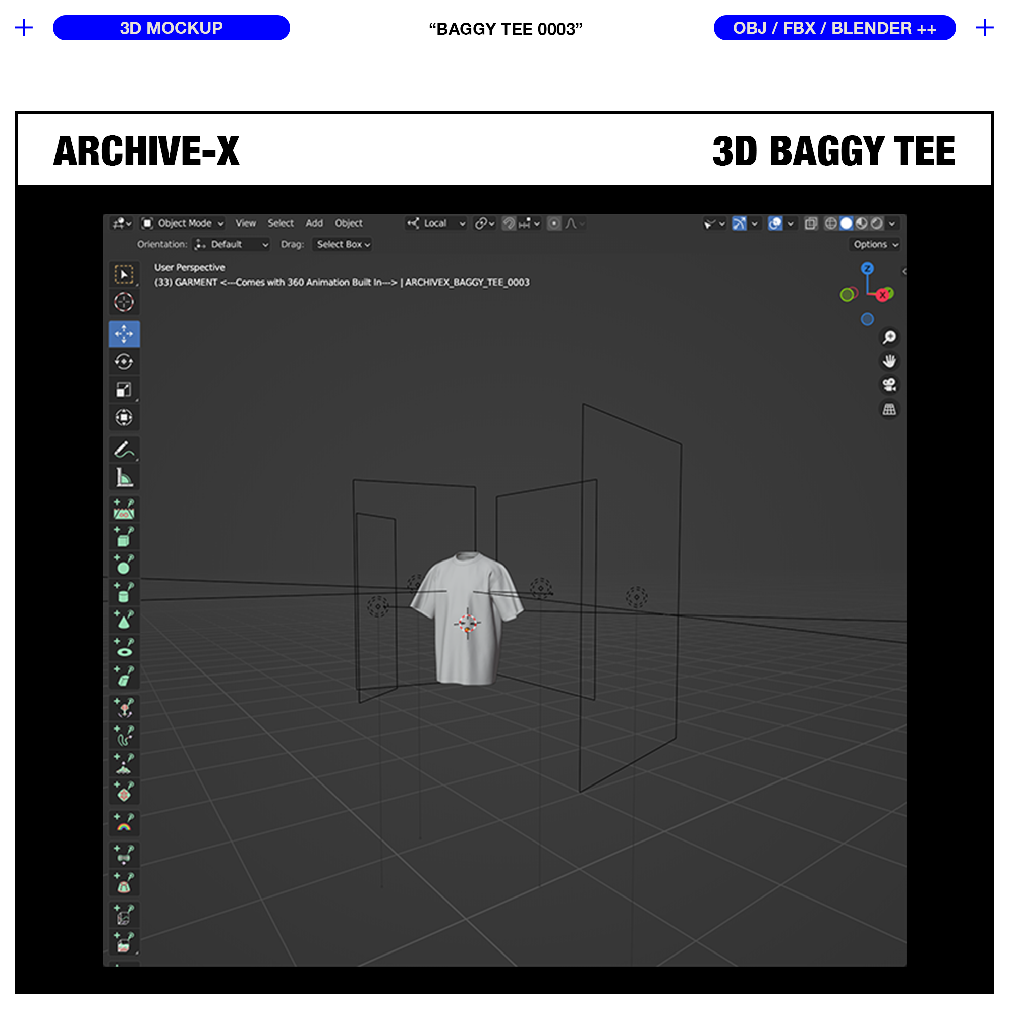 Blender Scene 3D Viewport view of the ARCHIVEX Baggy TShirt Mockup