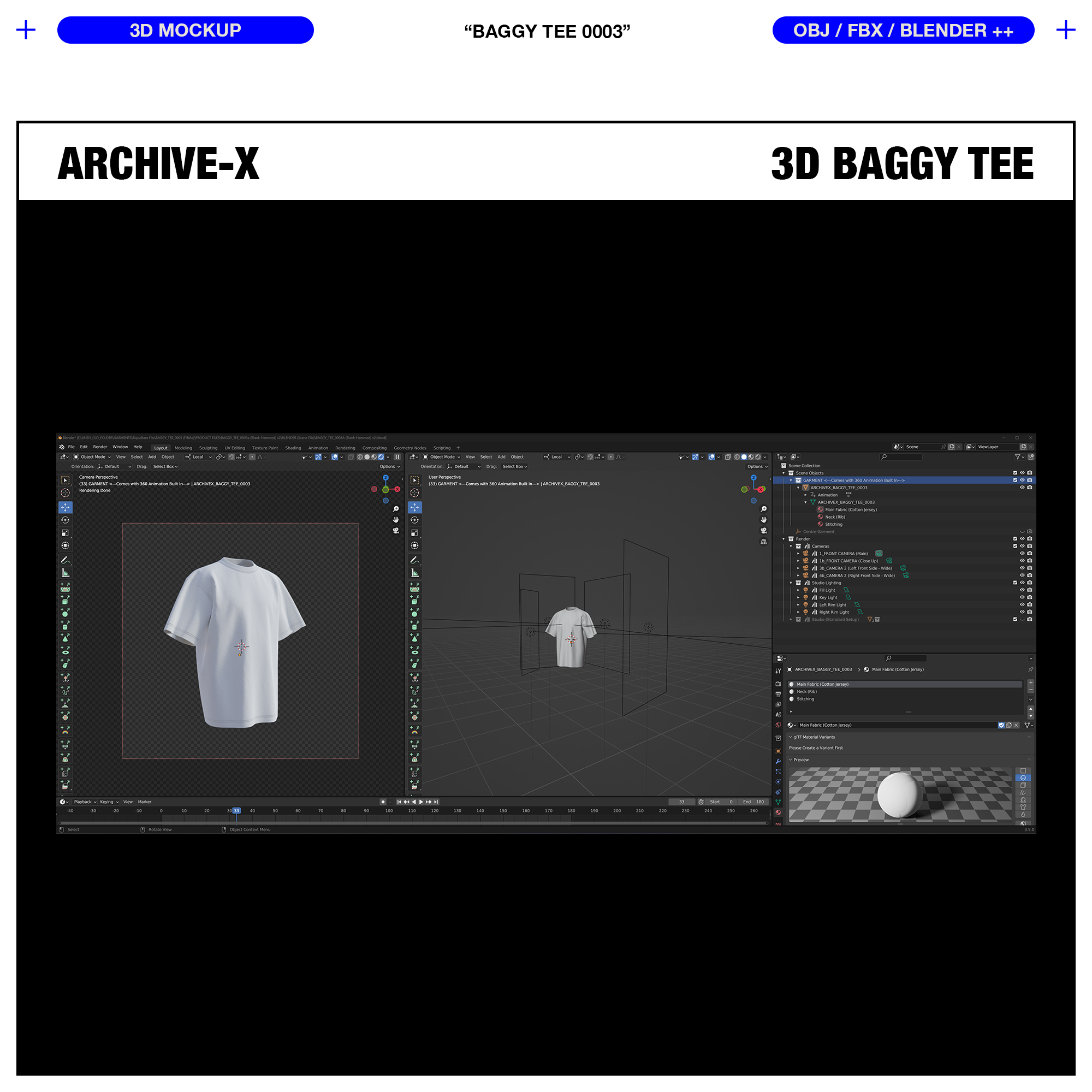 Blender Scene view of the ARCHIVEX Baggy TShirt Mockup