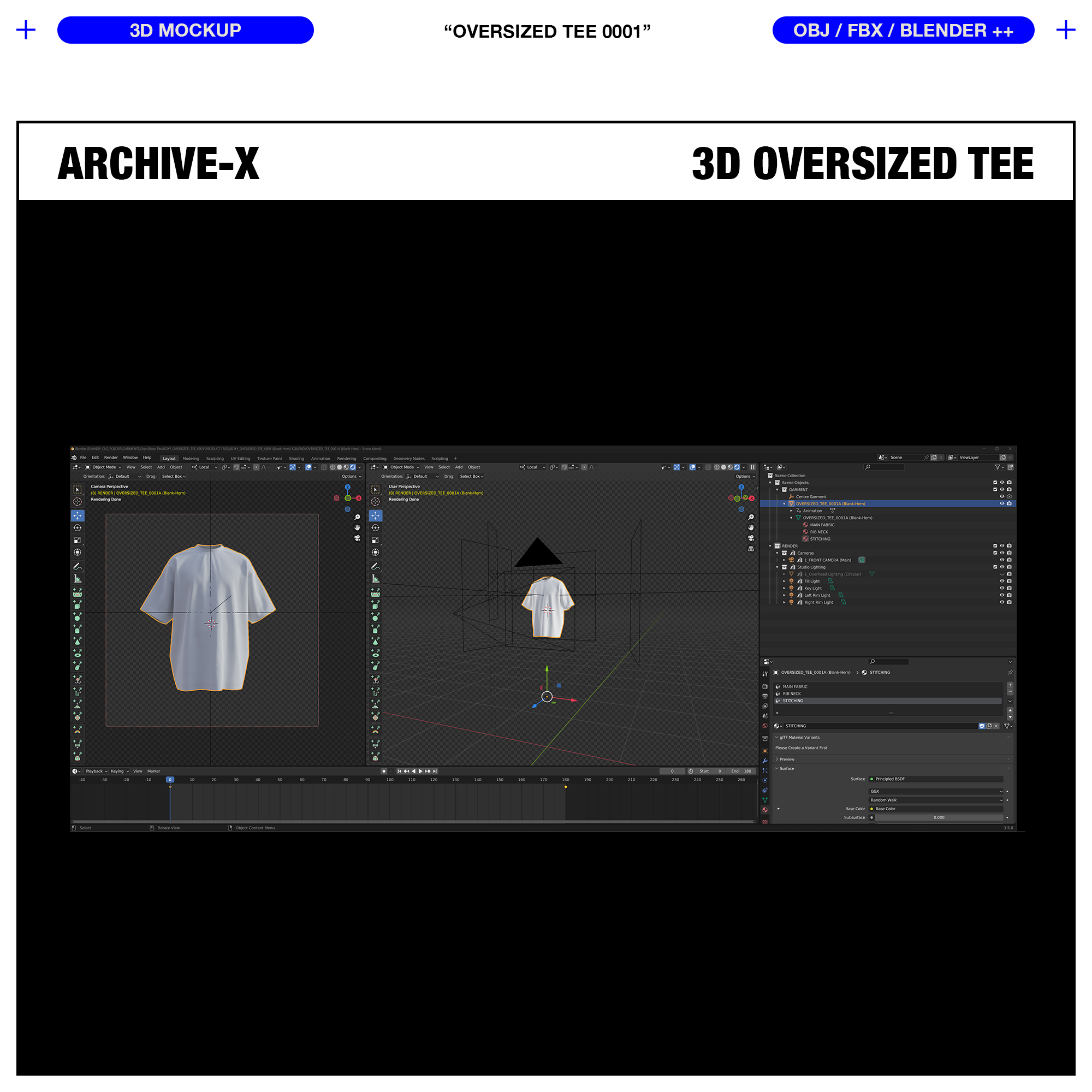 Blender Scene view of the ARCHIVEX Oversized TShirt Mockup