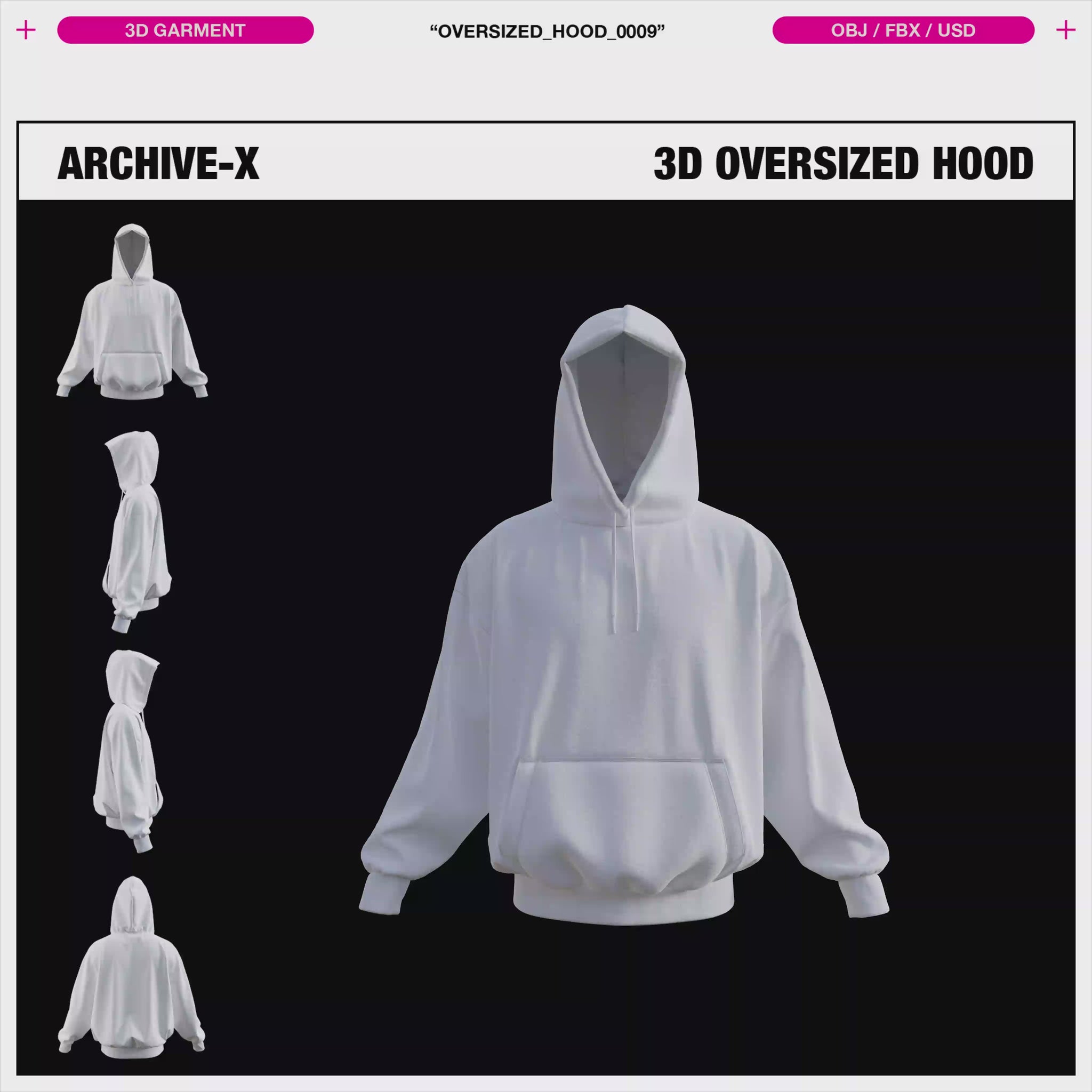 360 degree rendered animation of the ARCHIVEX Oversized Hood 3D Garment