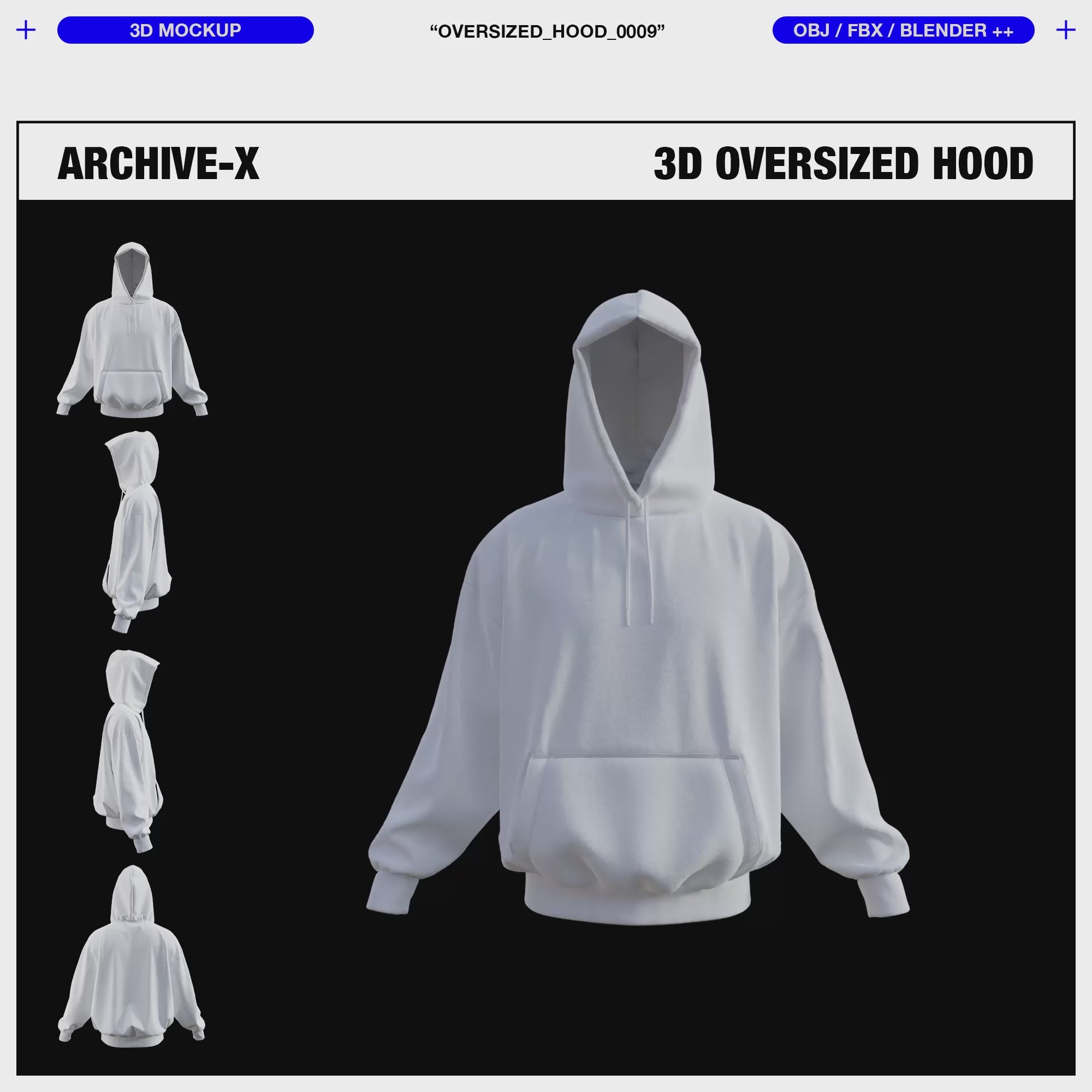 360 degree rendered view of the ARCHIVEX Oversized Hood 3D Garment